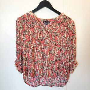Democracy Blouse Women's Medium Tiger Split Neck 3/4 Sleeve Shirt Top Artsy